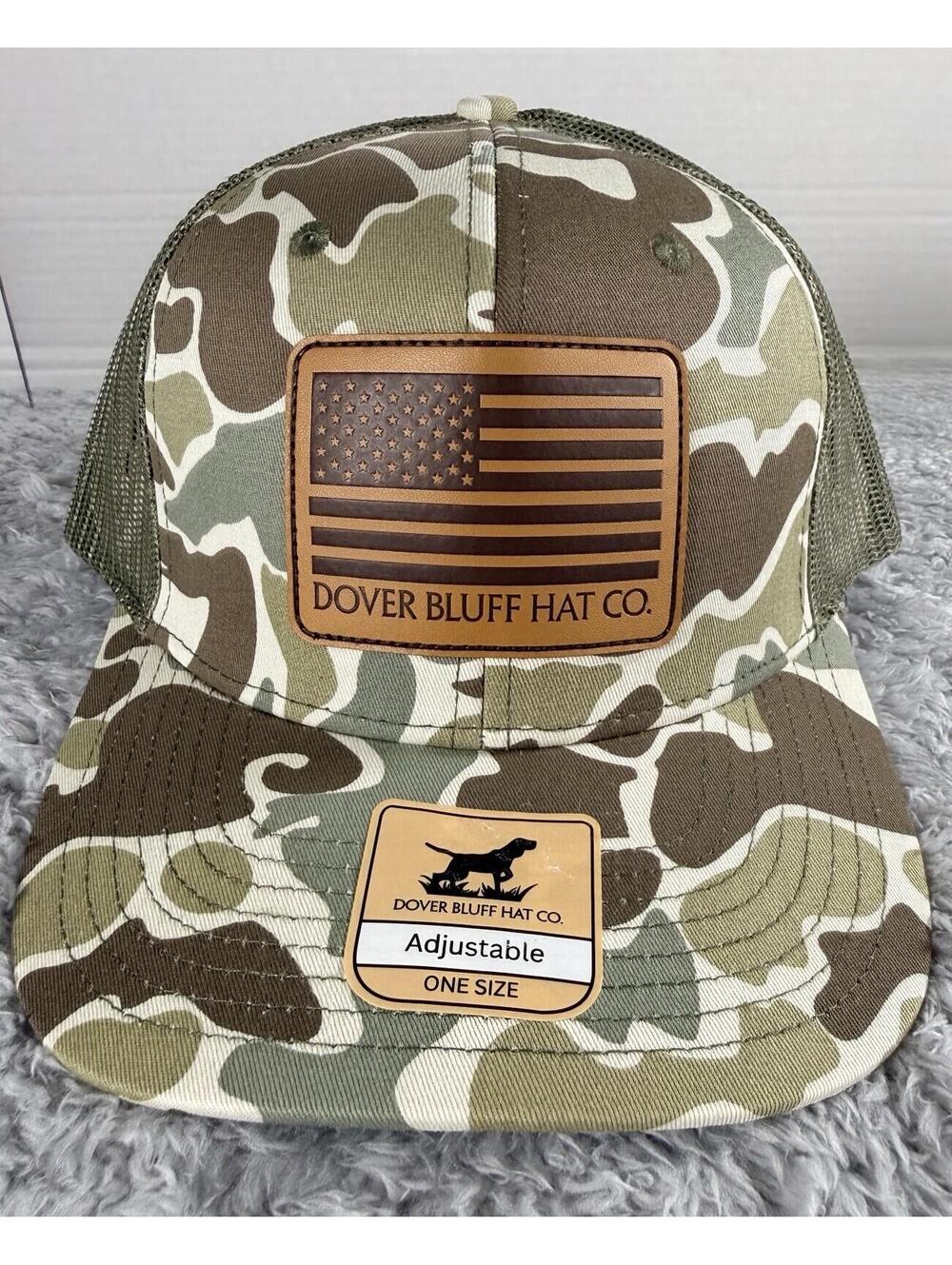 NWT Dover Bluff Hat Co. Camo Snapback Trucker Hat Leatherette American Flag